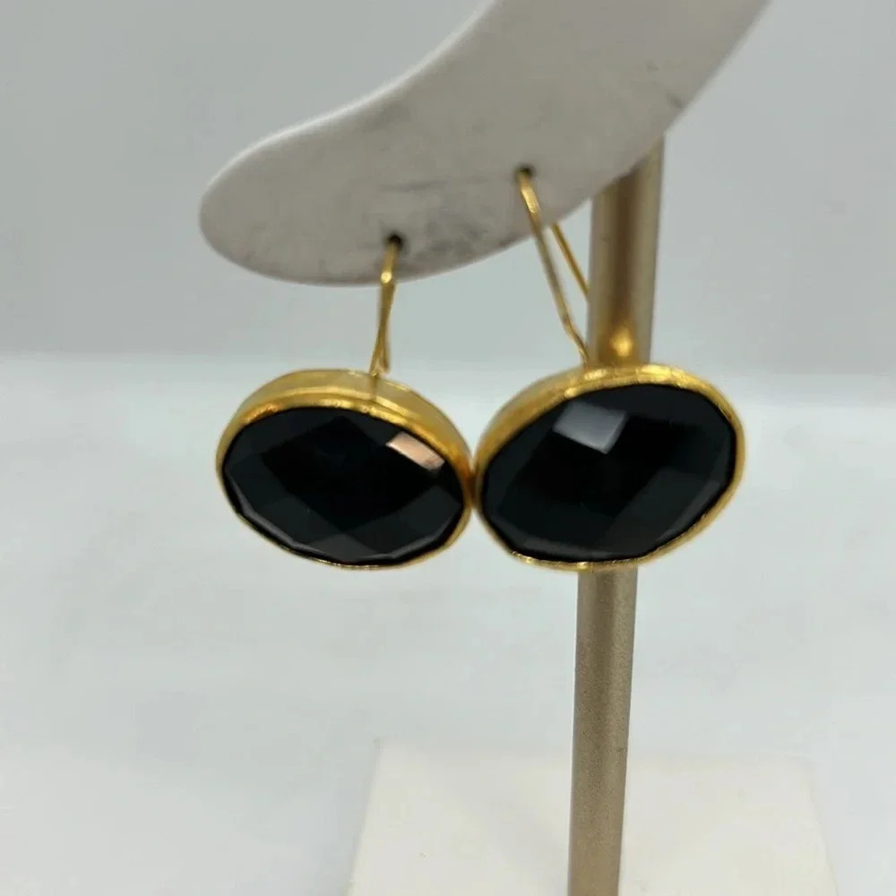 Handcrafted Black Faceted Gold Plated 925 Silver French Wire  Earrings. NWOT